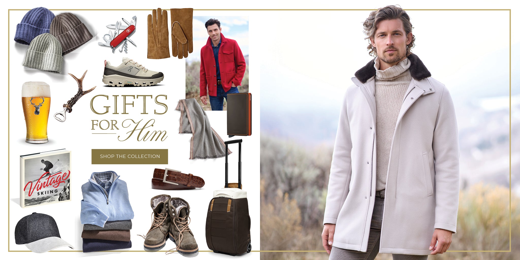 Man wearing the Gino Wool Car Coat in stone by Herno, standing in a field. To the left, a collage of accessories and gifts with the text 'gifts for him