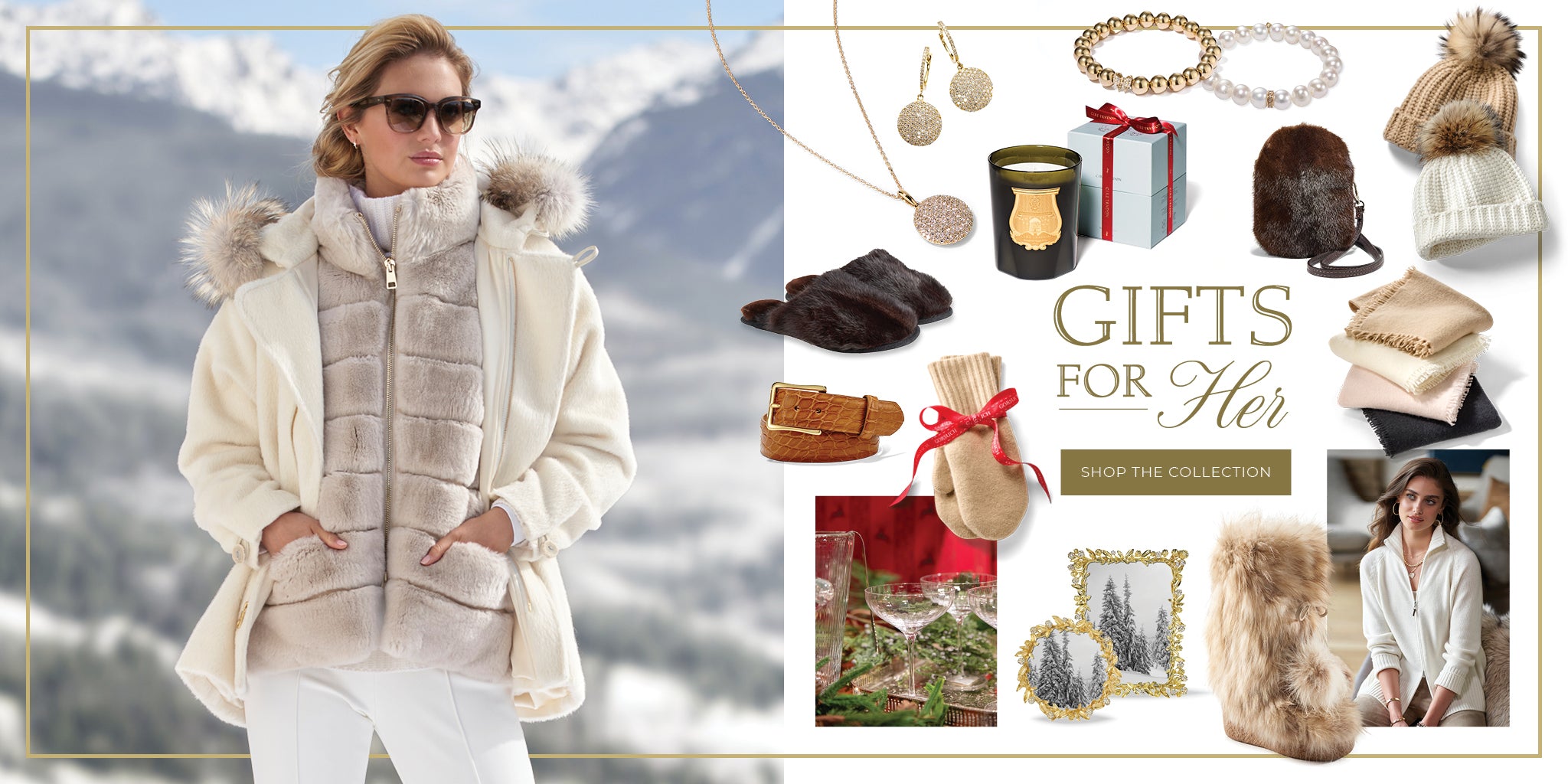 Woman wearing the Snowcat Parka with a fur-trimmed hood, standing in front of snowy mountains. To the right, a collage of gift ideas with the text ‘Gifts for Her'.