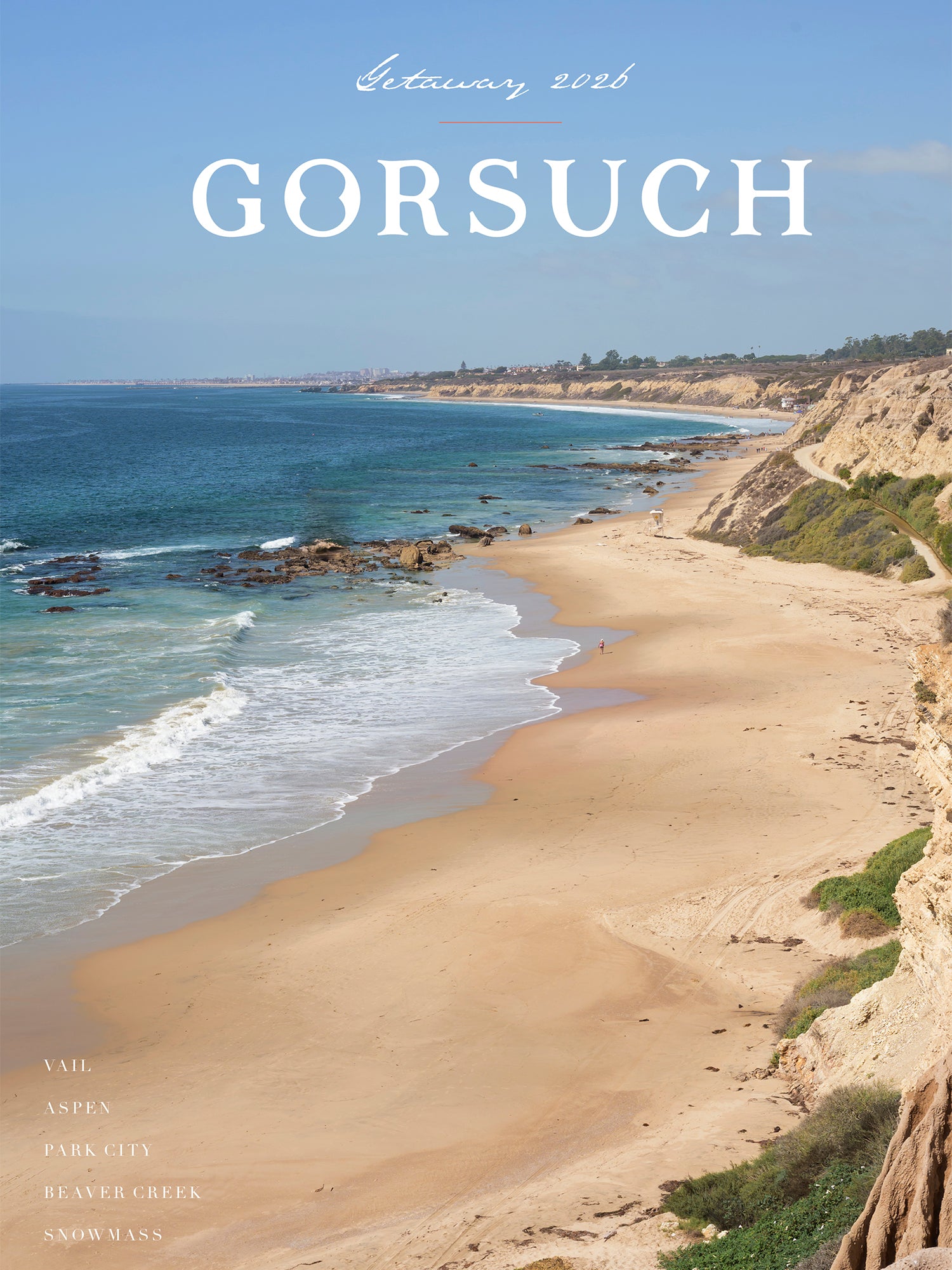 Beach scene with ocean and cliffs, featuring the text 'Gorsuch' at the top.