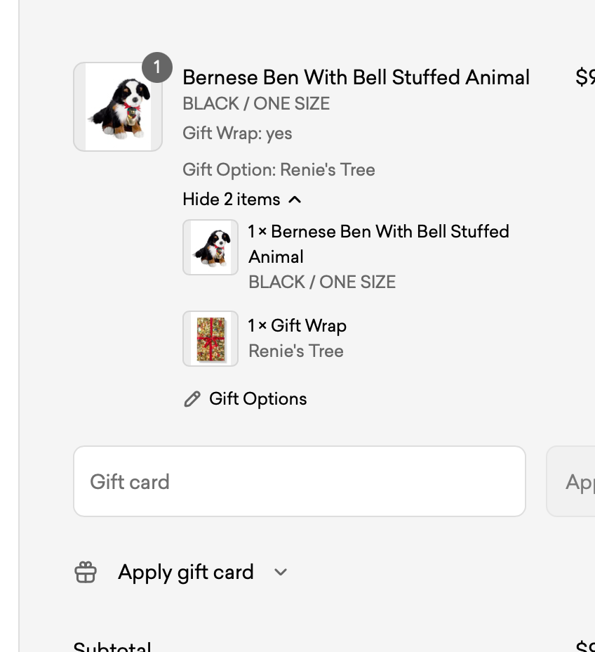 Checkout item example of Bernese Mountain Dog with Bell Stuffed Animal with gift wrap added.