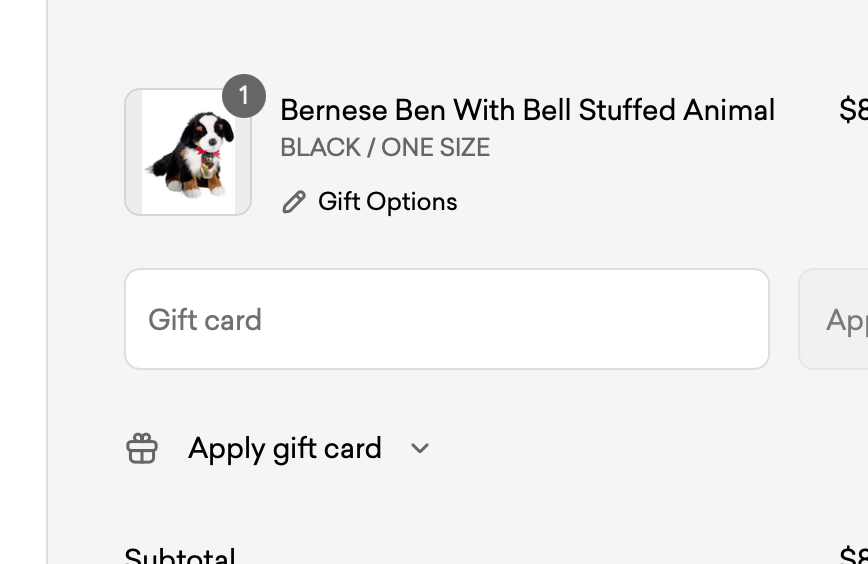 Checkout item example Bernese Mountain Dog with bell stuffed animal before gift wrap has been added.