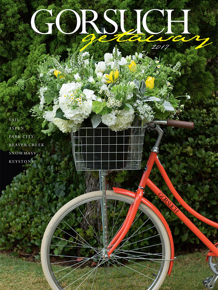 2017 Gorsuch catalog cover with an orange bike and branded 'gorsuch' logo, and basket filled with white and yellow flowers.
