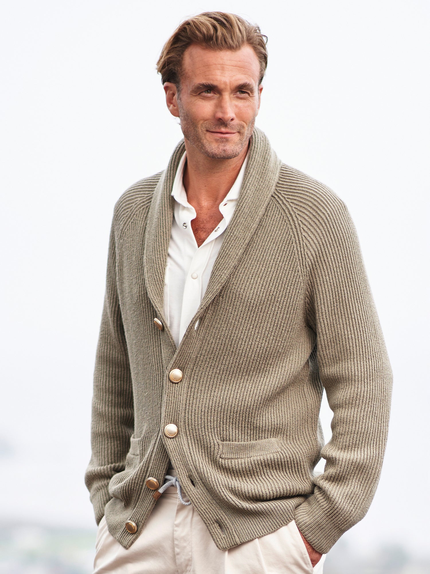 Rib-Knit Shawl Collar Cardigan