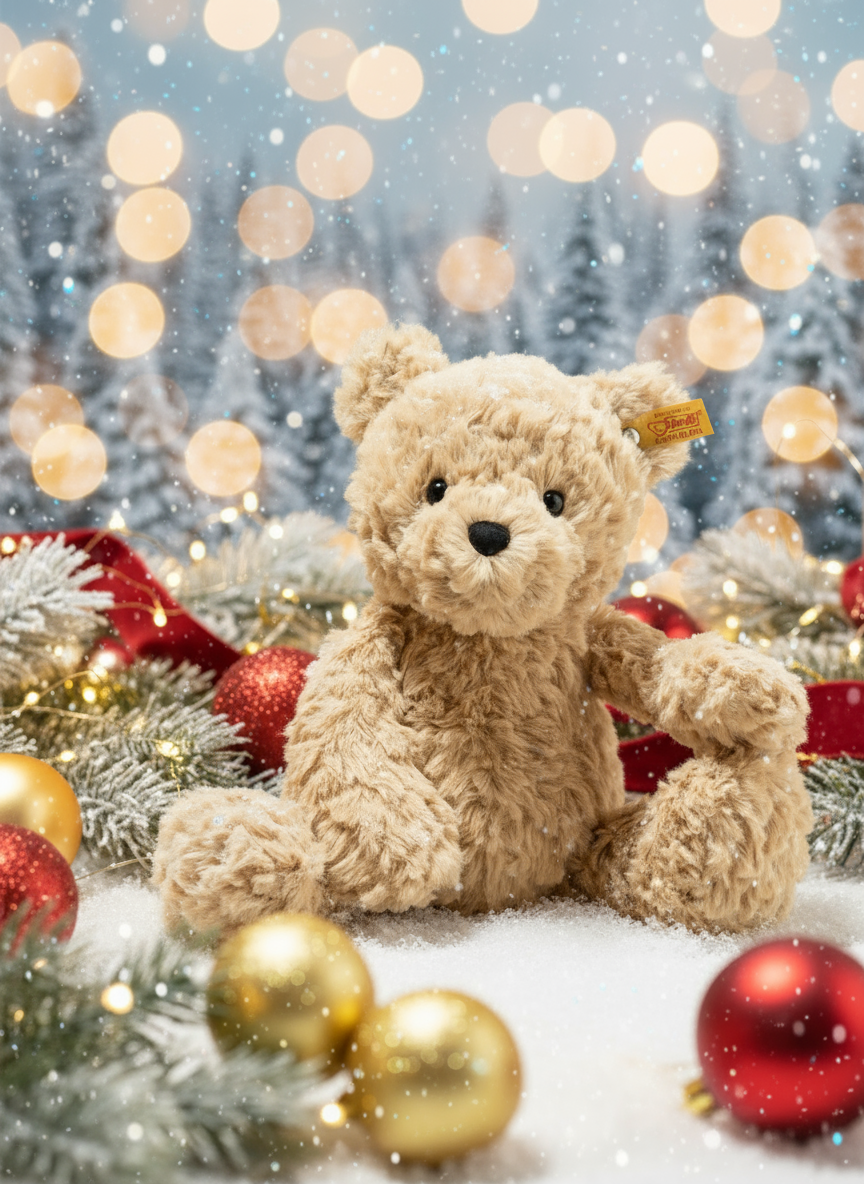 Teddy bear surrounded by Christmas decorations with a festive background