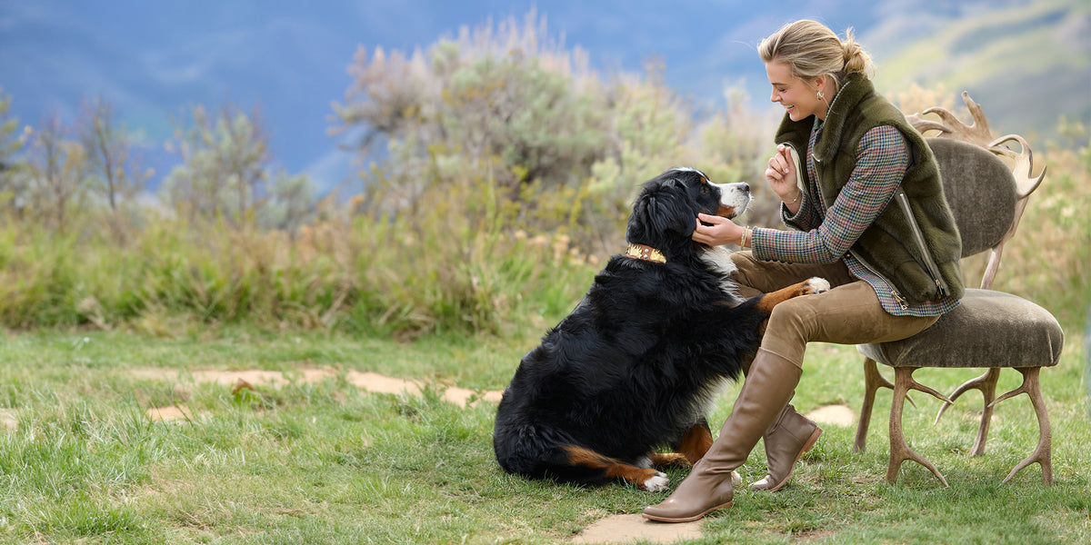 A woman in the olive Sarah Mink Fur Vest sits on a chair in a grassy field, interacting with a Bernese Mountain Dog dog.