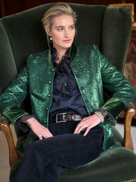 Blazer Militaire Ginger Couture Milano En Velours Coton Vert à Paillettes - Taille M, Neuf