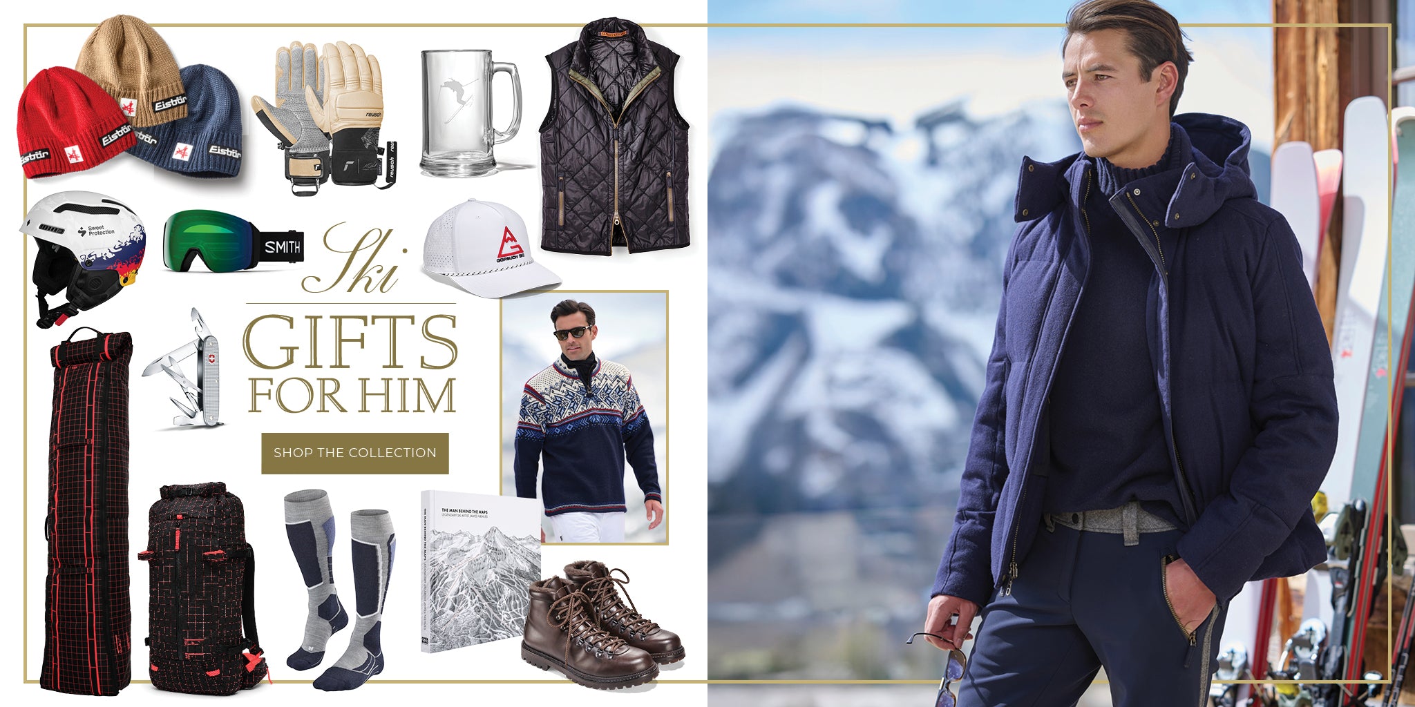 Man wearing the Teddy Loden Ski Jacket in navy by Frauenschuh, with mountains and skis in the background. To the left, a collage of ski gifts and accessories with the text 'ski gifts for him'.