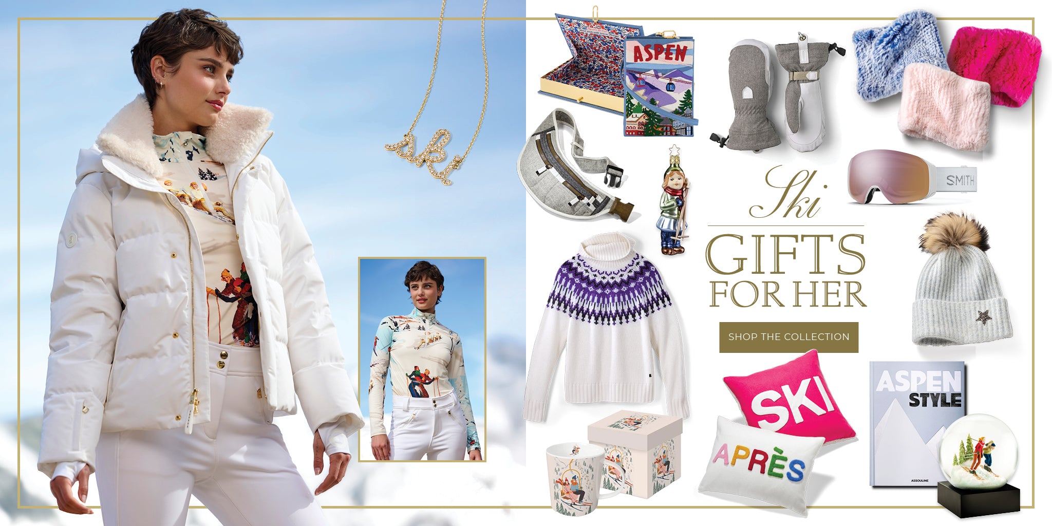 Woman wearing the Maja Ski Jacket by Bogner in white. To the right, a collage of winter clothing and accessories with the text 'ski gifts for her,' including scarves, hats, and bags