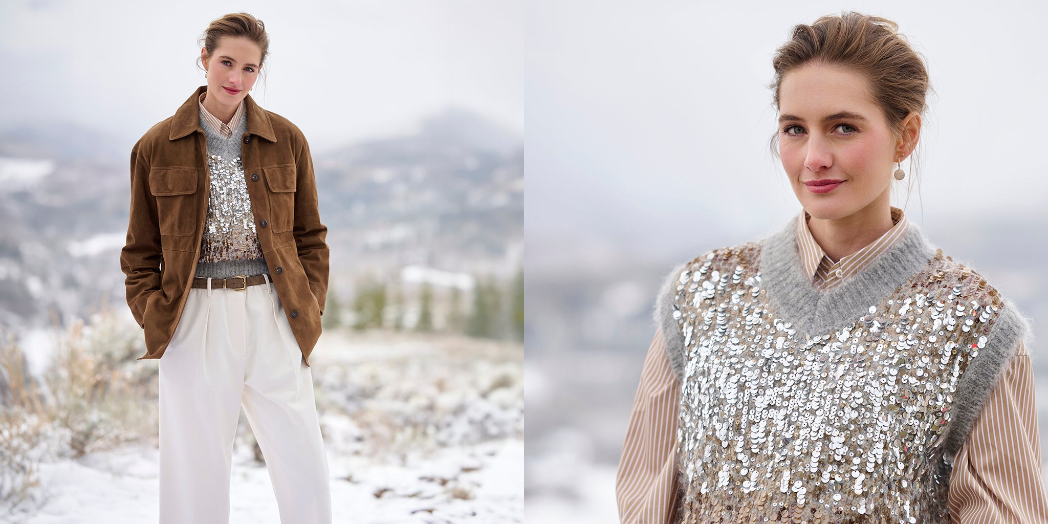 Woman standing in a snowy landscape wearing the Safari Suede Shirt Jacket layered over the Ombre Paillette Sweater Vest by Brunello Cucinelli.