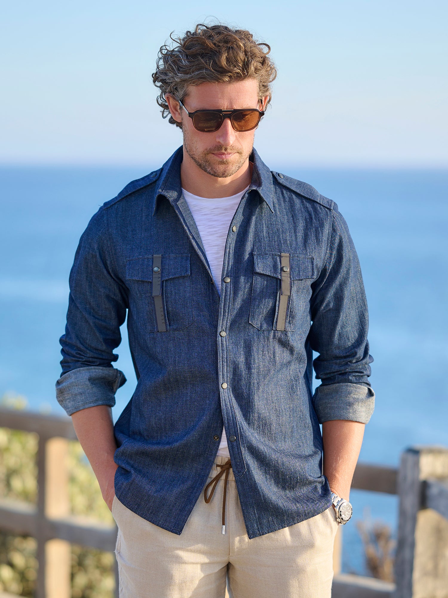 レディース denim over shirt jacket(unisex)/blue