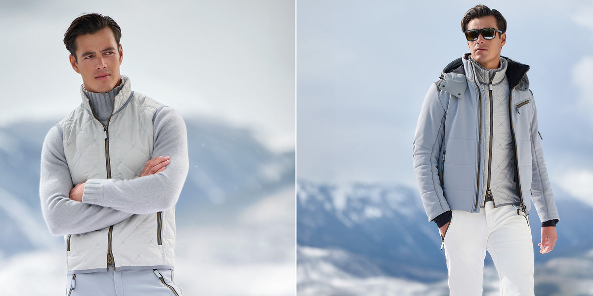 Split banner featuring a man wearing the Frauenschuh Henri Quilted Vest and another wearing the Mattay Ski Jacket in Stone, set against a snowy alpine backdrop.