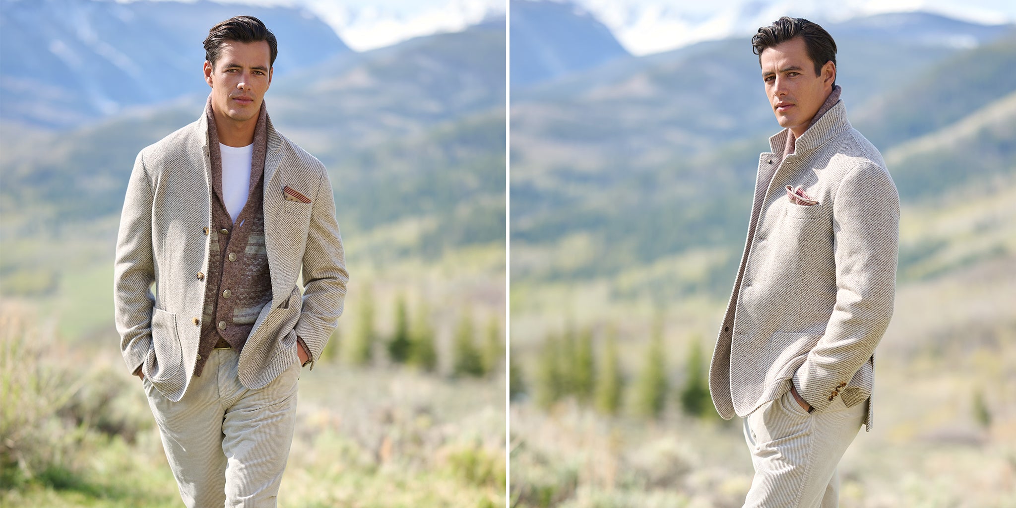 A side-by-side double image shows a male model outdoors in a mountain landscape, wearing a light beige tweed blazer over a brown vest and white shirt, paired with beige trousers. The background shows green hills and blue mountains.