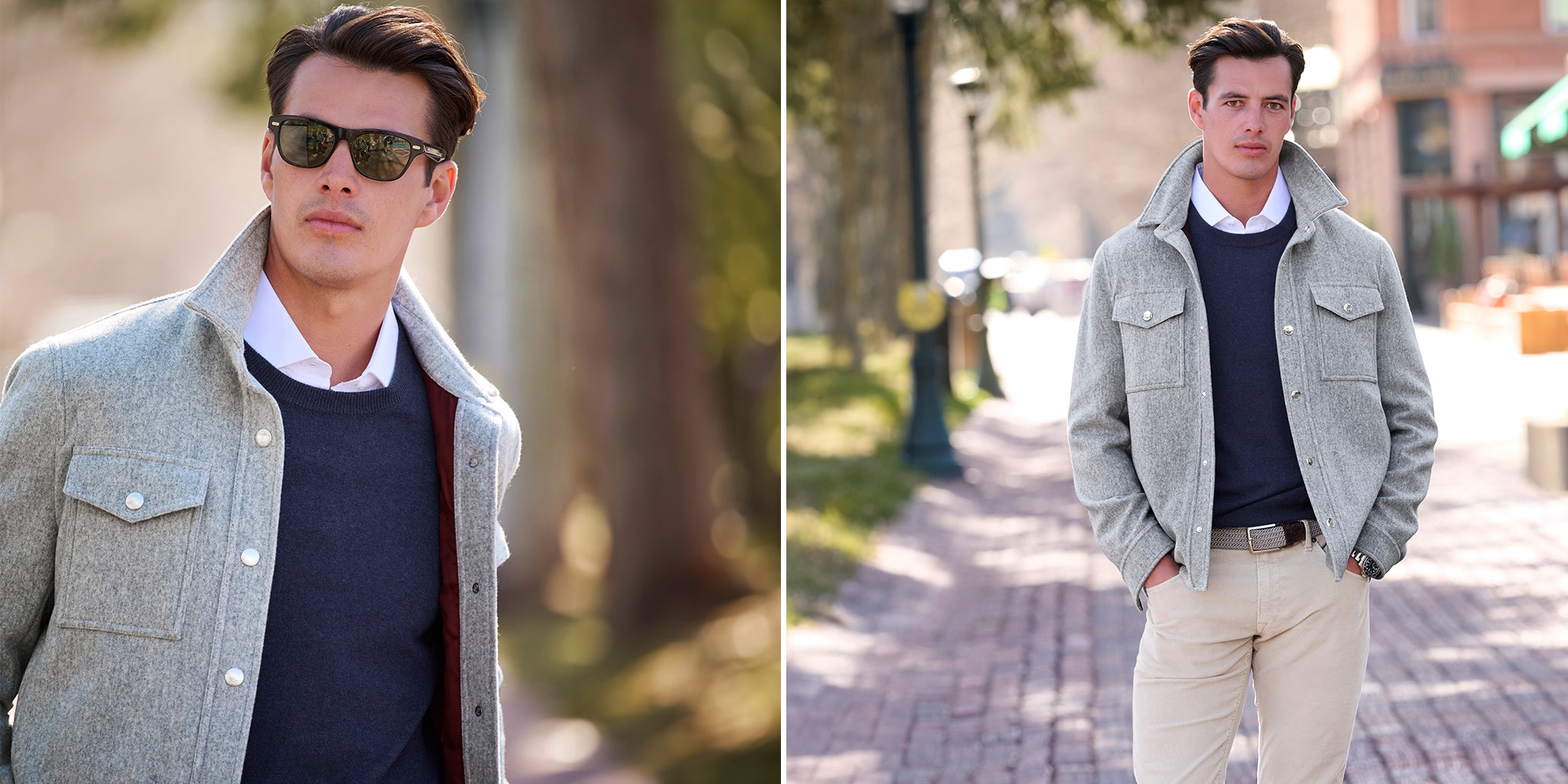 Man wearing the Cashmere Shirt Jacket in grey by Brunello Cucinelli  on the streets of Aspen, CO on a fall day.