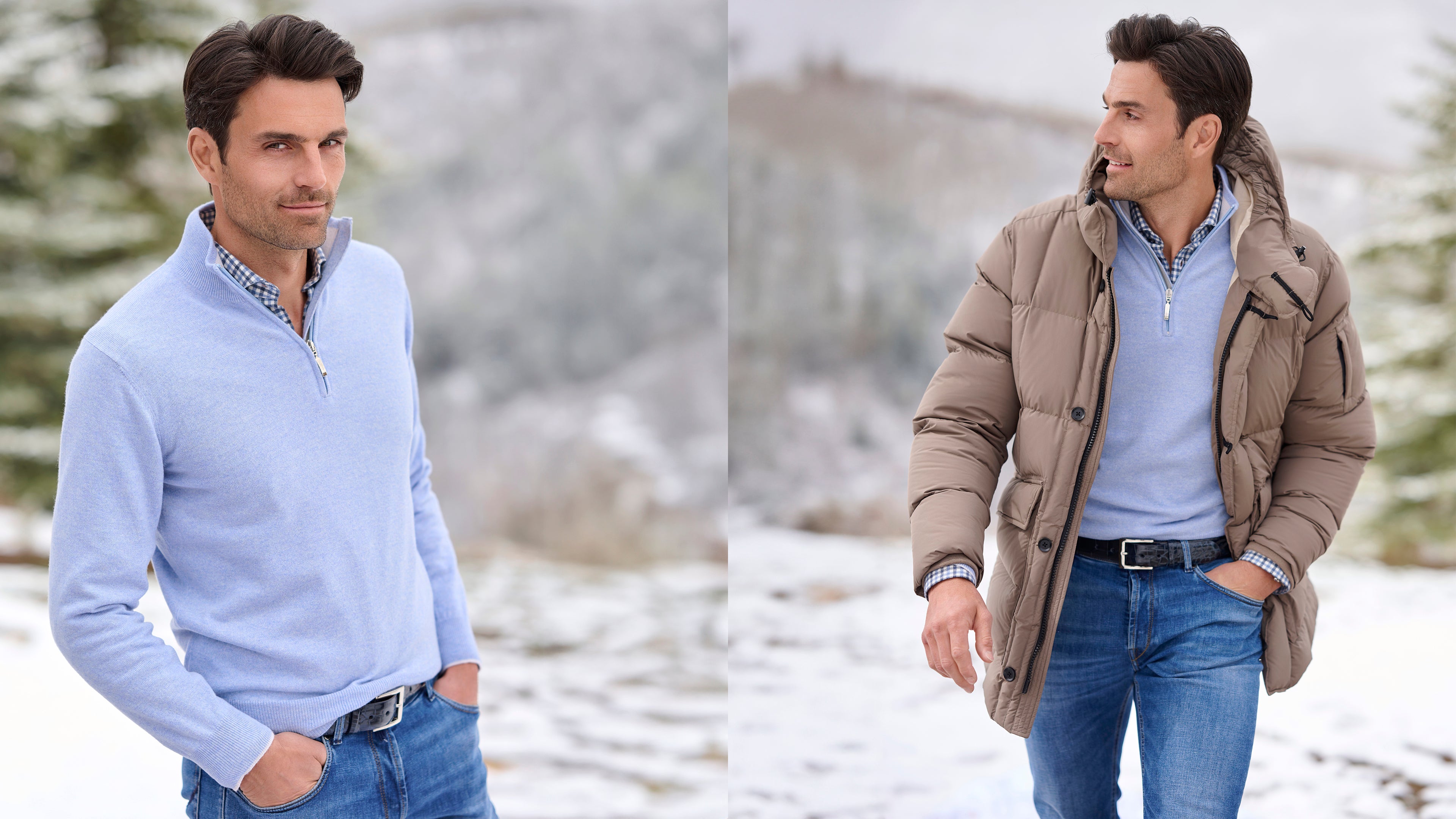 Two men standing in a snowy landscape, wearing winter clothing.