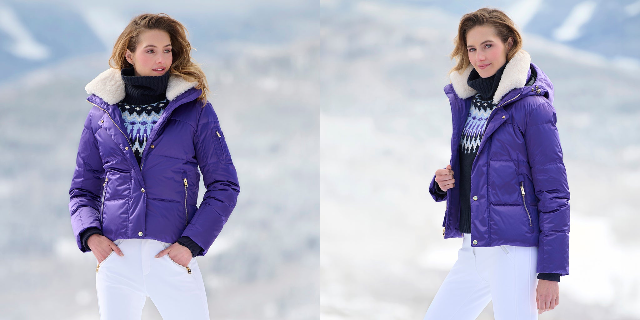 Woman wearing the Hella Satin Down Ski Jacket in purple with a snowy background.