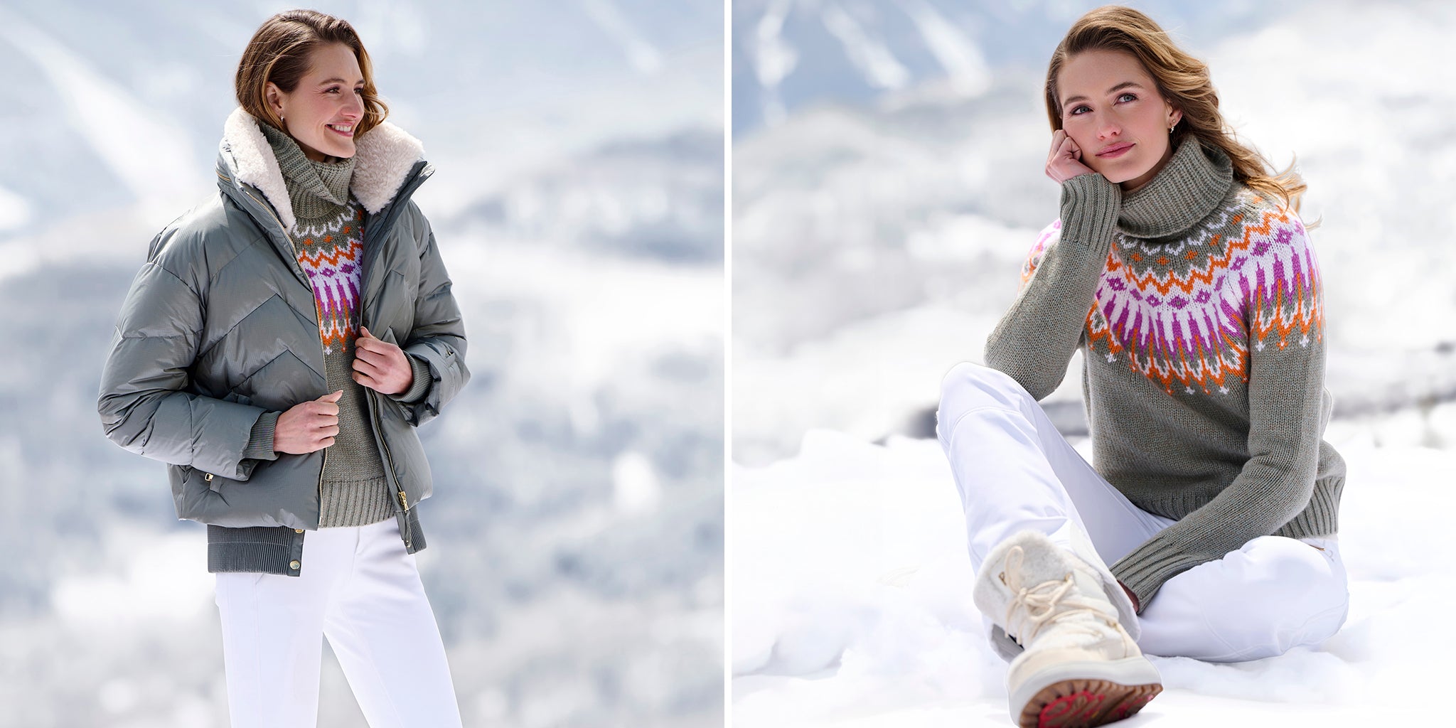 Two side-by-side images of a woman outdoors in a snowy setting. On the left, she wears the Bogner Vana Ski Jacket in slate green; on the right, she wears the Bogner Ingrid Nordic Cashmere Ski Sweater in the same slate green hue.
