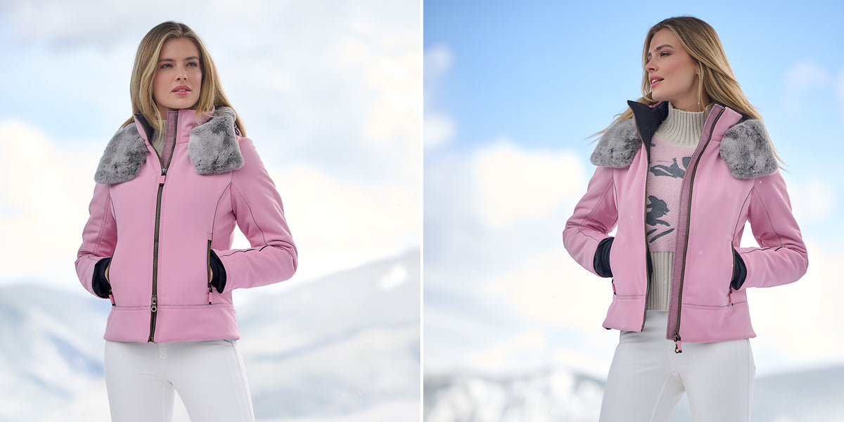 A woman wearing the Frauenschuh Naila Softshell Ski Jacket in Peony stands against a snowy winter background.