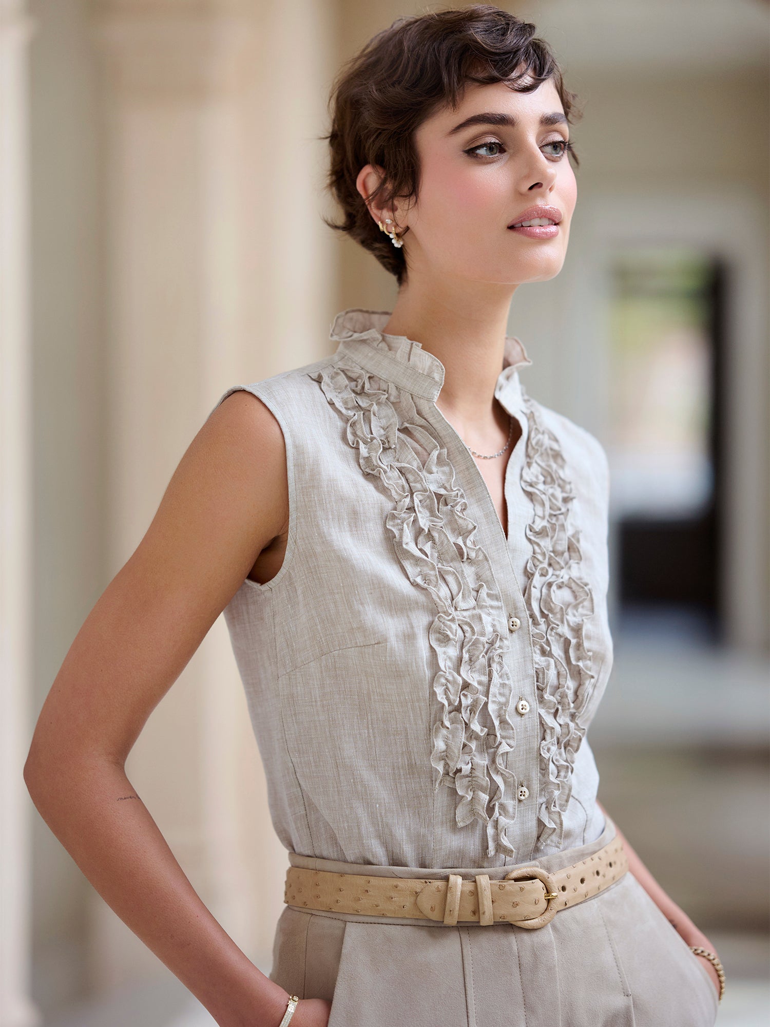 Carli Ruffle Sleeveless Linen Shirt – Gorsuch