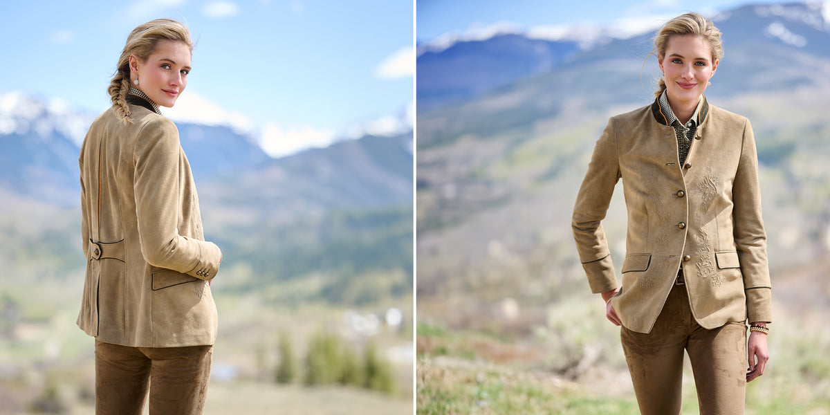 A woman wearing the Josette Suede Jacket in light brown with brown suede pants in an outdoor mountain setting, shown in a side-by-side front and back view.