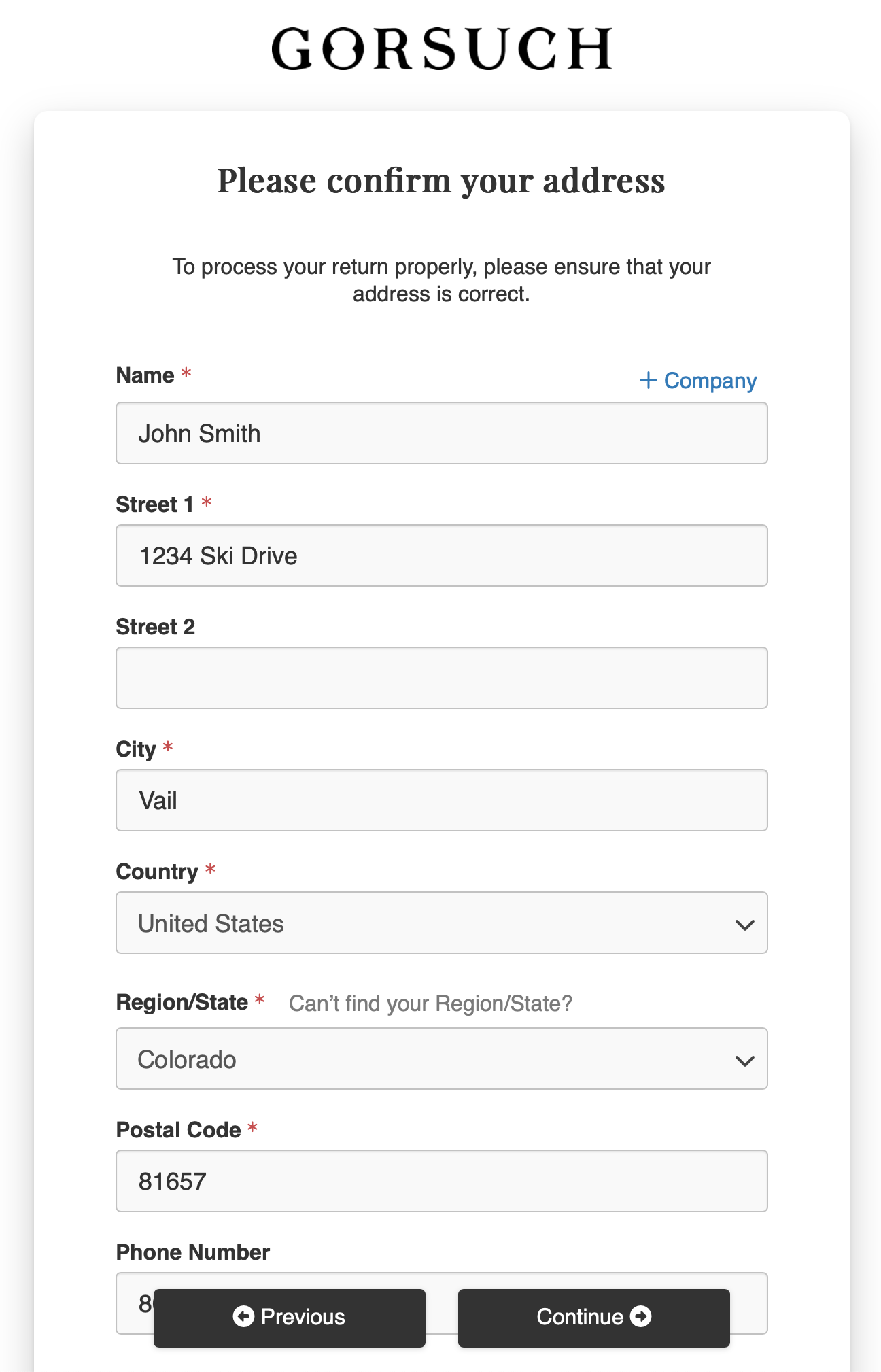 Example image showing return process address confirmation.
