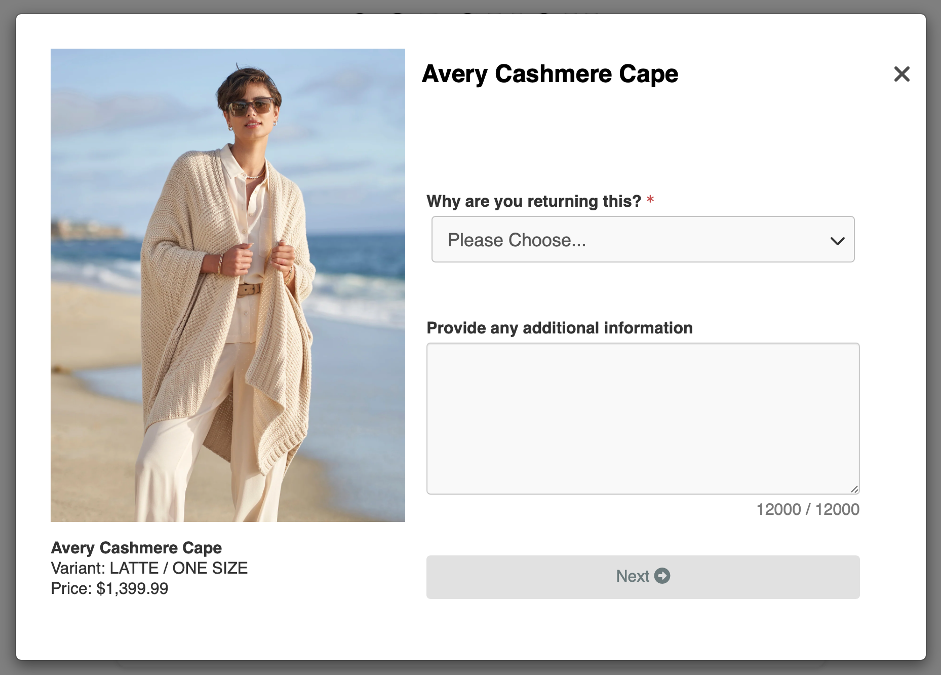 Example image showing return process select a reason screen. 
