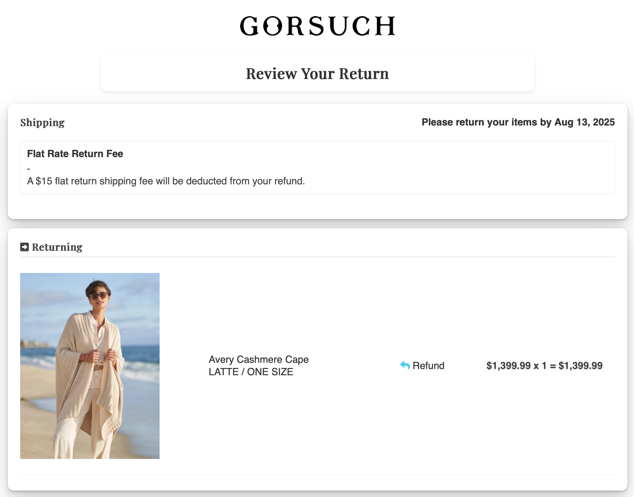 Example image showing return process review screen. 