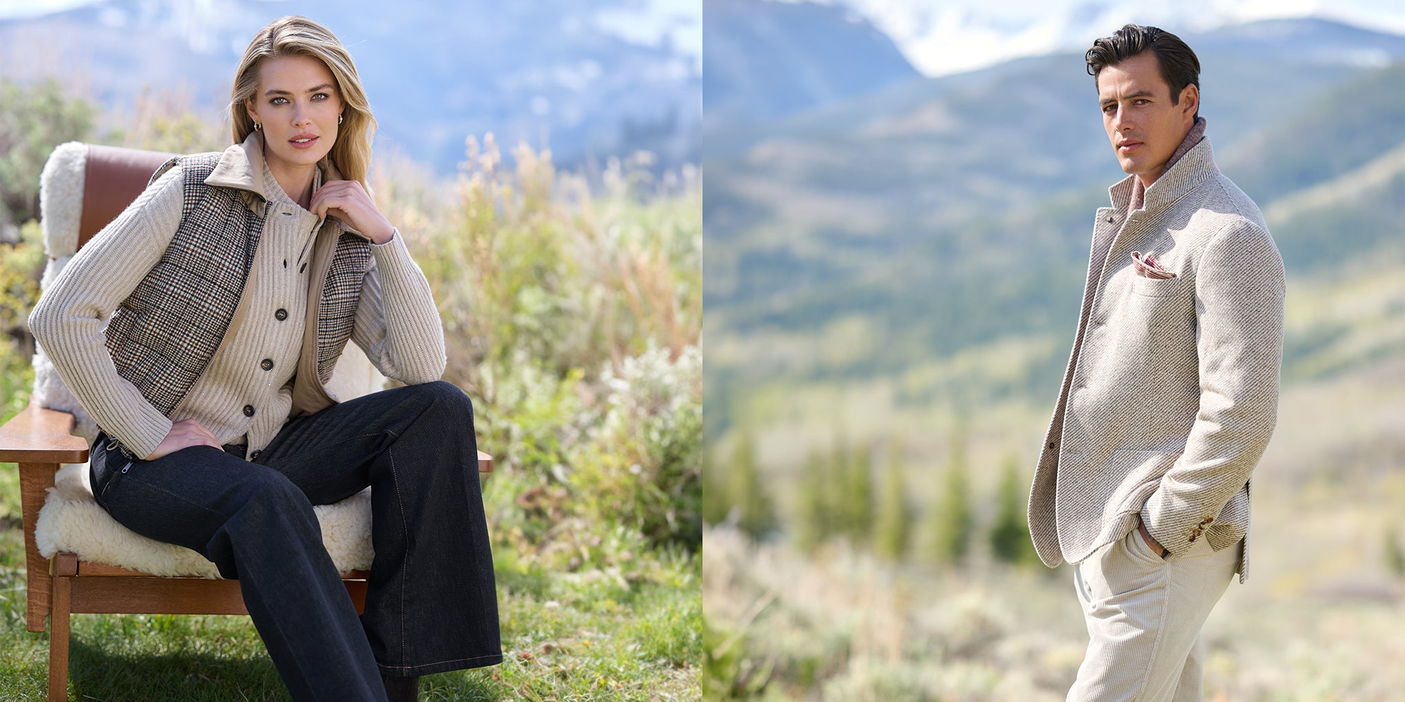 A split-screen lifestyle image featuring a woman sitting in a chair and a man standing outdoors in front of mountains. The woman wears a beige knit sweater under a brown and beige plaid button-up vest with dark wide-leg pants.