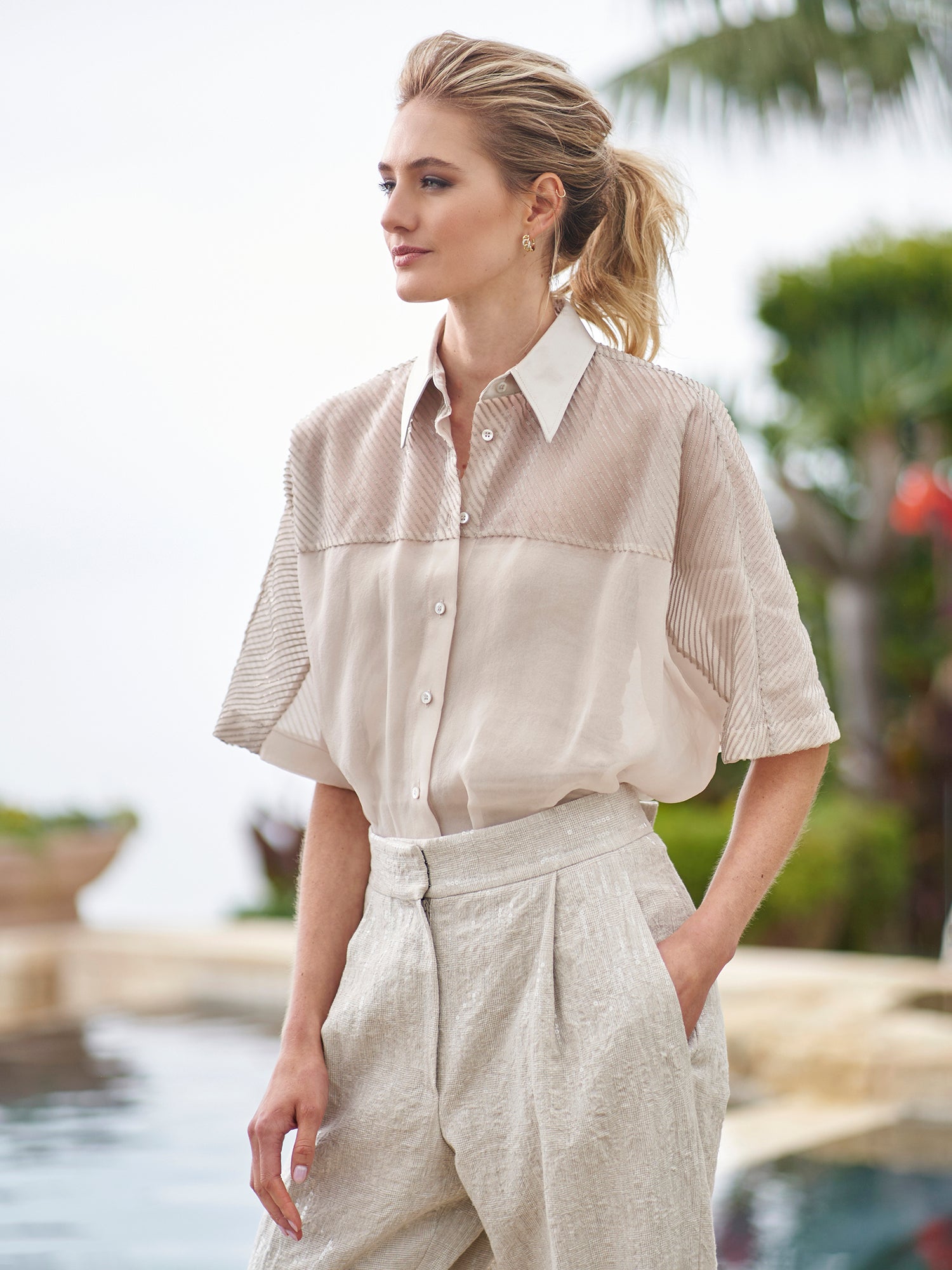 Paillette Chiffon Camp Shirt