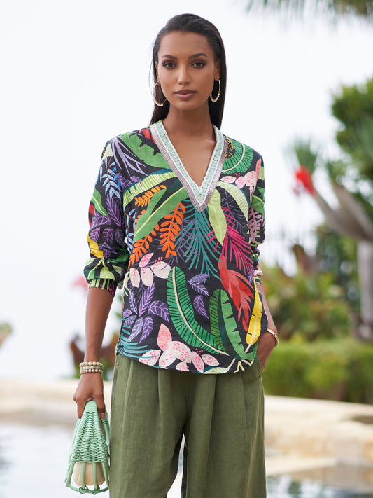 Aisha Jewel Jungle Print Linen Top