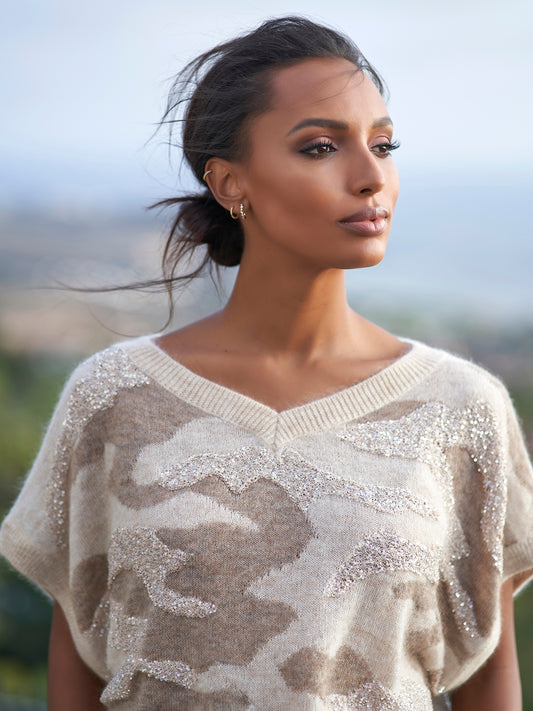 Camo Paillette V-Neck Sweater