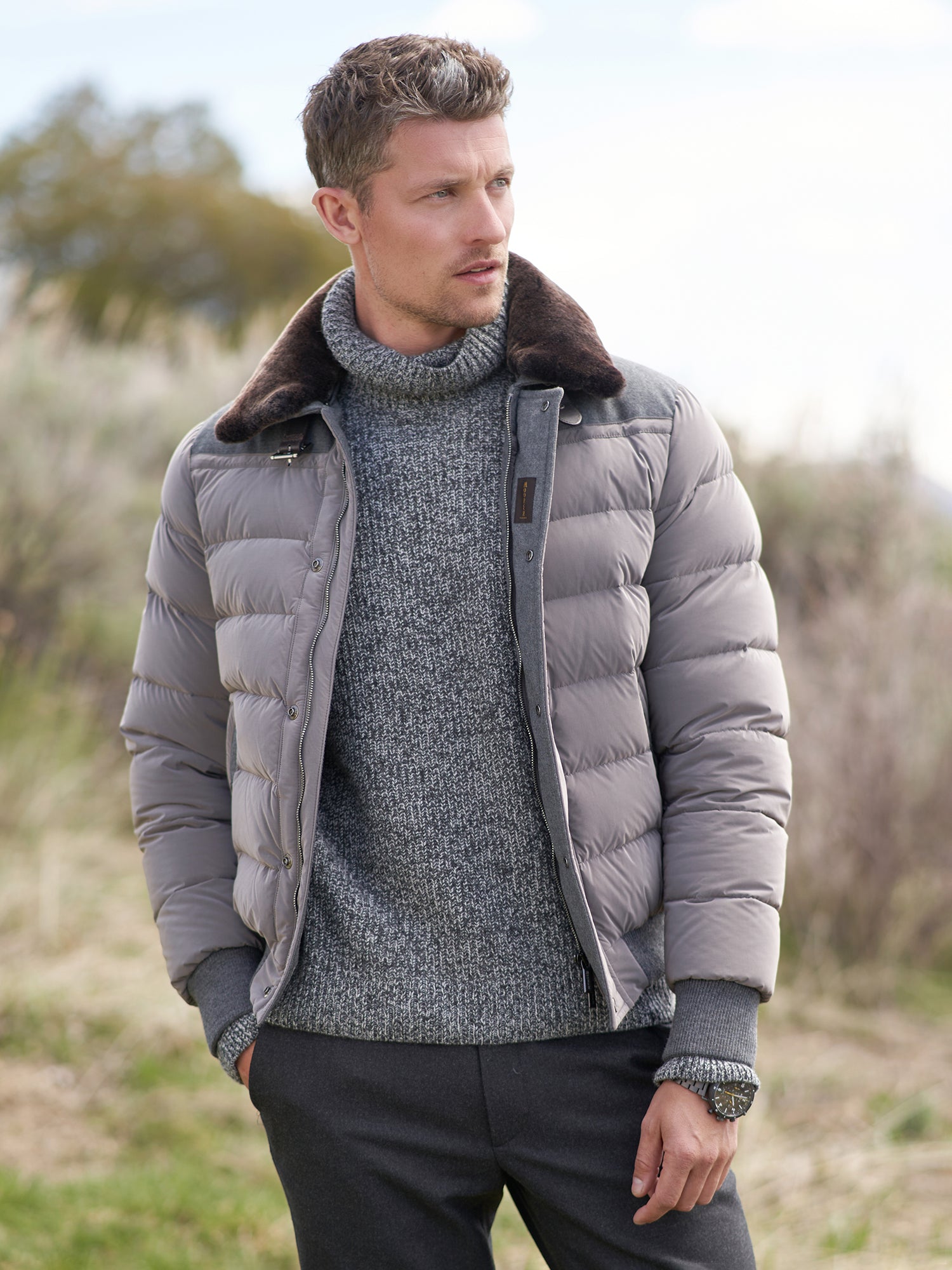 Men's Fur-Trim Cashmere Bomber Cardigan Sweater